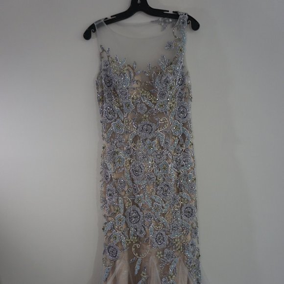 Terani Couture One Shoulder Silver and Cream Dress - Picture 1 of 11